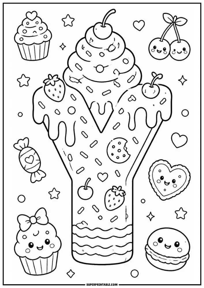 A black and white coloring page featuring the letter Y as a frosted cake with whipped cream on top. Cherries, strawberries, cupcakes, candies, cookies, hearts, stars, and smiling treats surround the letter.