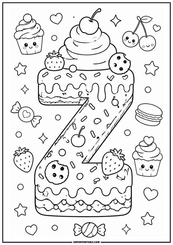 A black and white coloring page showing the letter Z shaped like a cake with dripping frosting and whipped cream. Cherries, strawberries, cupcakes, candies, cookies, hearts, stars, and macarons surround the letter.