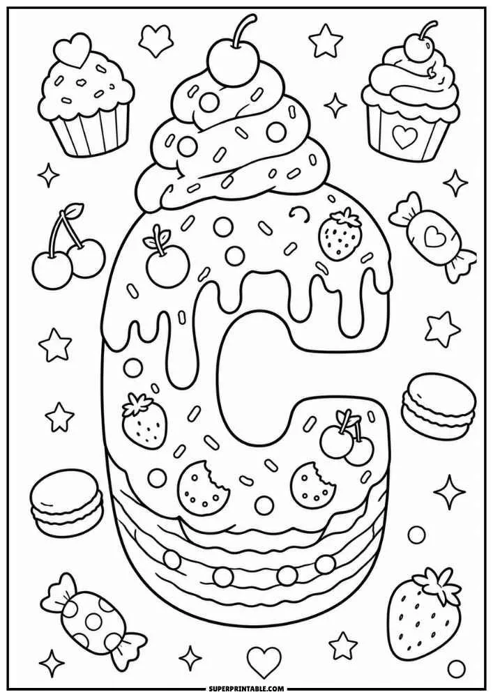 A black and white coloring page featuring the letter C designed as a frosted cake with whipped cream, cherries, strawberries, candies, cupcakes, cookies, and stars.