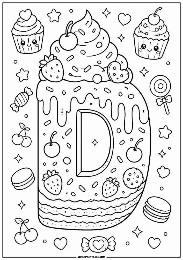 A black and white coloring page with the letter D shaped like a cake. It includes frosting, fruit toppings, cupcakes, candies, cookies, hearts, and stars.