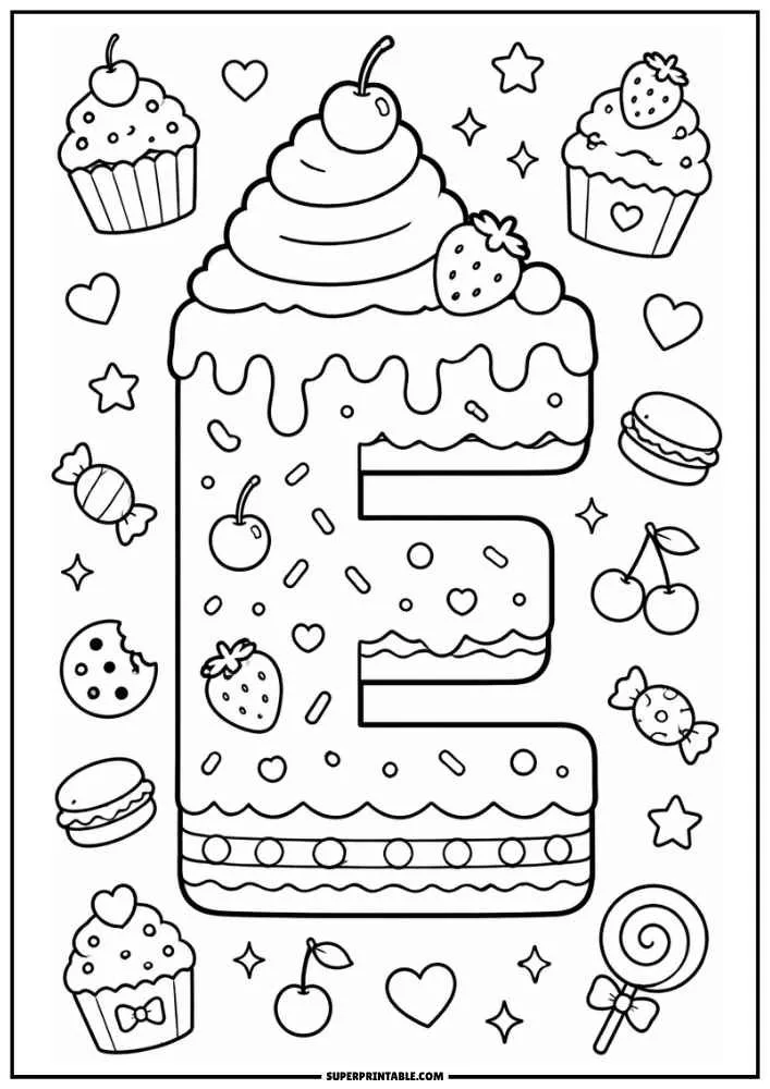 A black and white coloring page featuring the letter E as a layered cake with whipped frosting, cherries, strawberries, candies, cupcakes, and macarons.