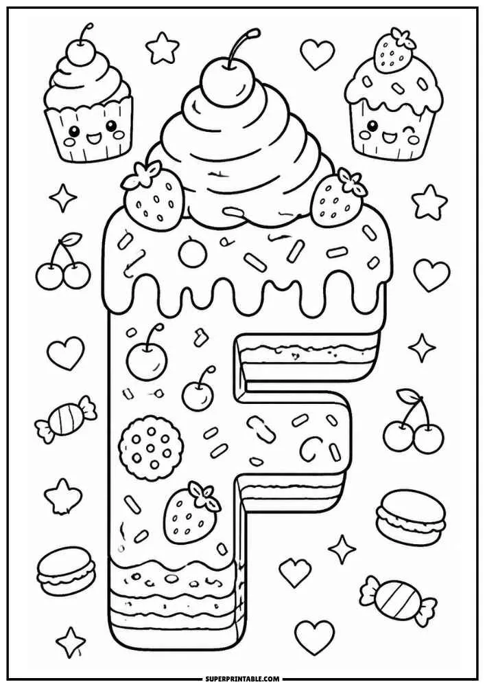 A black and white coloring page showing the letter F shaped like a frosted cake with cherries, strawberries, cupcakes, candies, hearts, stars, and macarons.