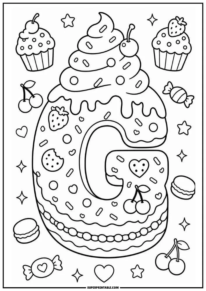 A black and white coloring page featuring the letter G designed as a cake with frosting, fruit toppings, cupcakes, candies, cookies, hearts, and stars.