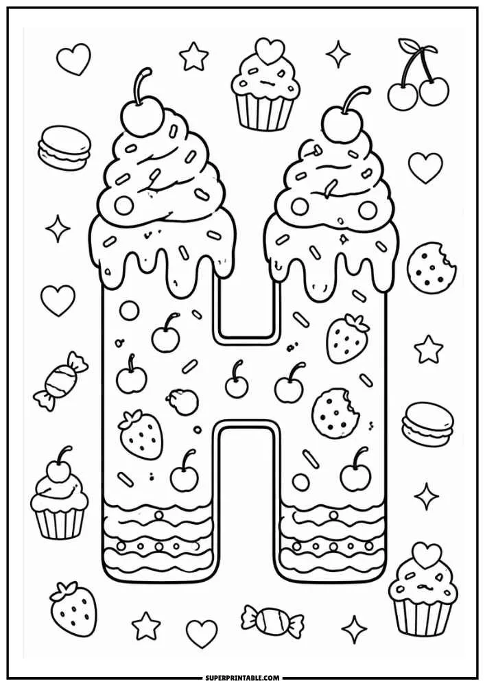 A black and white coloring page showing the letter H as a frosted cake with cherries, strawberries, cupcakes, candies, cookies, hearts, and stars around it.