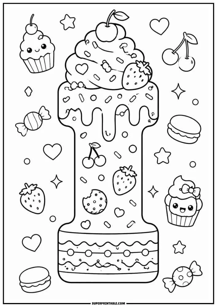 A black and white coloring page featuring the letter I shaped like a cake with whipped cream, cherries, strawberries, candies, cupcakes, hearts, and stars.