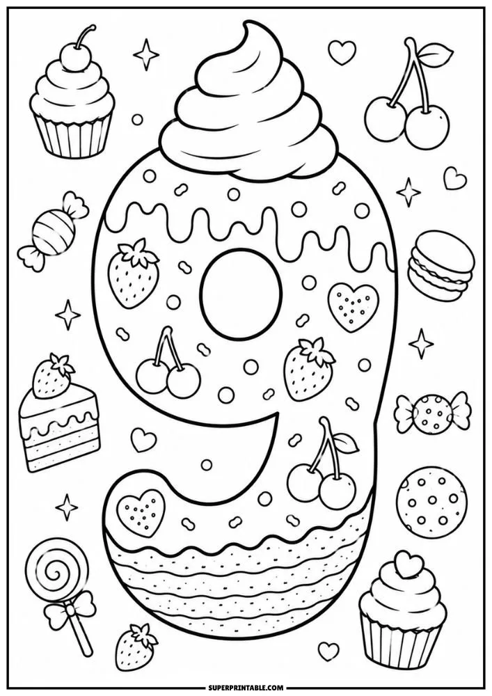 A coloring page showing a large frosted number 9 decorated with cherries, strawberries, candy, cupcakes, cookies, and lollipops.