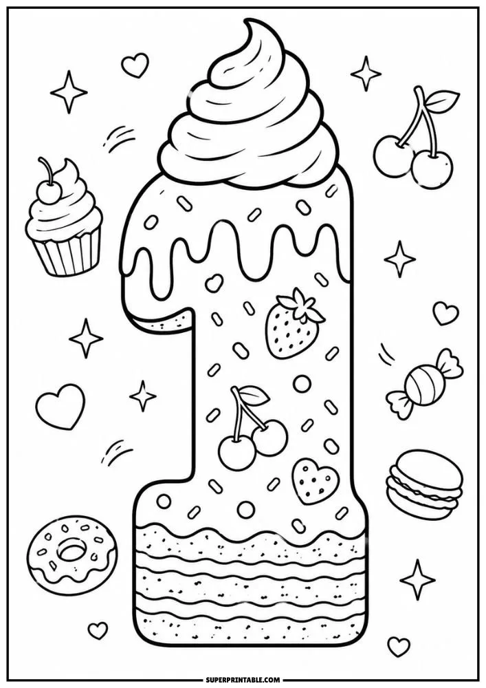 A coloring page showing a large frosted number 1 surrounded by cupcakes, cherries, candy, hearts, and dessert-themed elements.