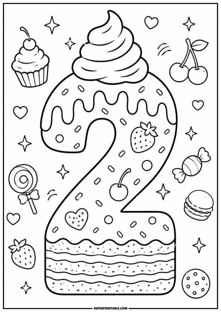 A coloring page featuring a cake-shaped number 2 decorated with frosting, strawberries, cherries, candy, cookies, and stars.
