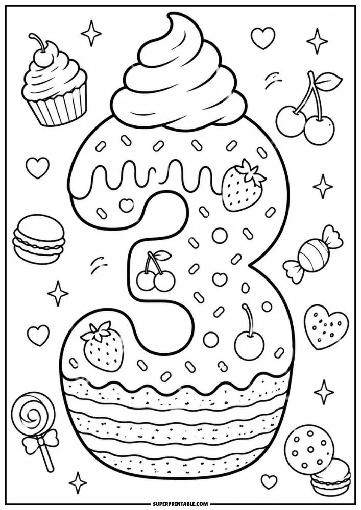A coloring page with a large frosted number 3 surrounded by cupcakes, macarons, lollipops, candy, strawberries, and hearts.