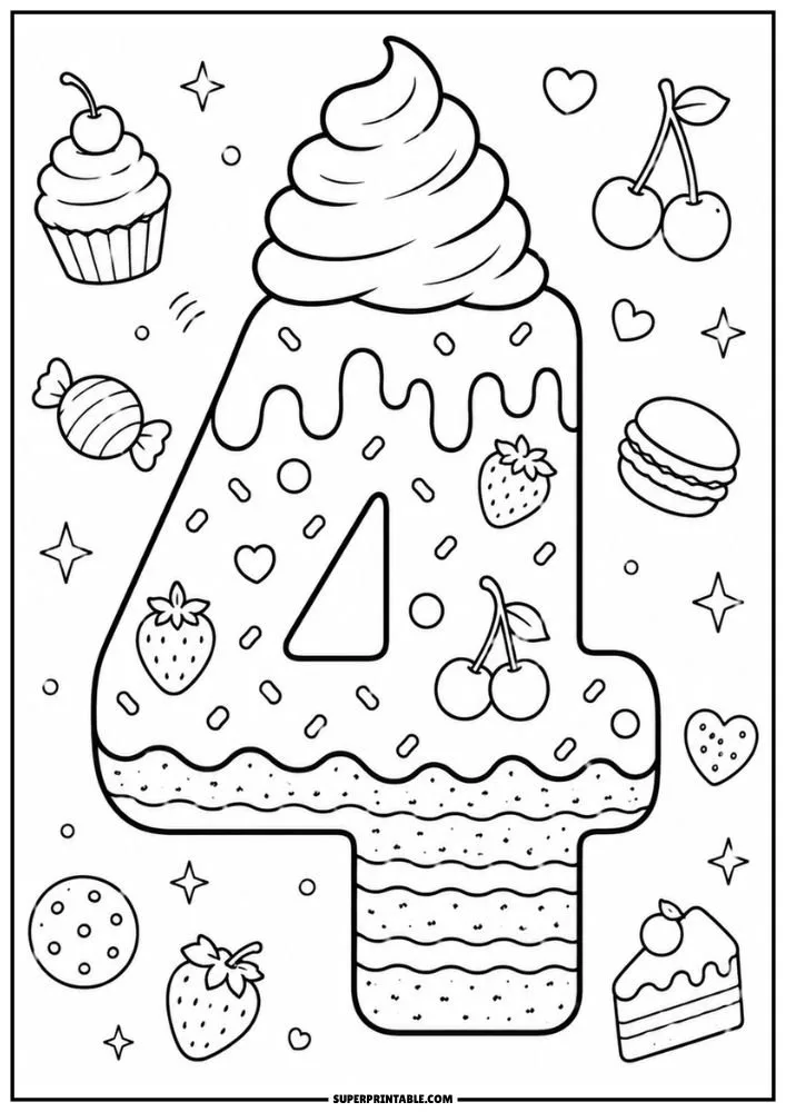 A coloring page showing a frosted number 4 with strawberries, cherries, candy, cookies, cake slices, hearts, and stars.