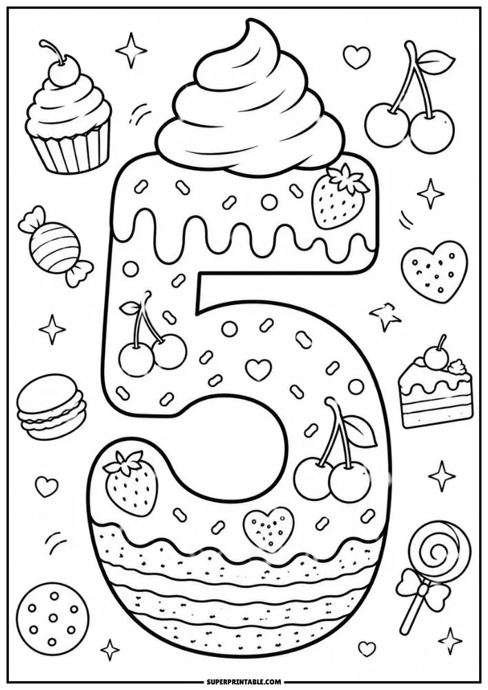 A coloring page featuring a cake-shaped number 5 surrounded by cupcakes, candy, cherries, strawberries, macarons, and lollipops.