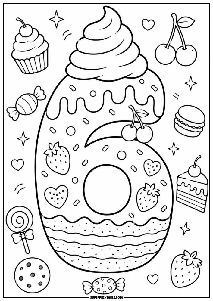 A coloring page with a large frosted number 6 decorated with strawberries, cherries, candy, cookies, cake slices, and hearts.
