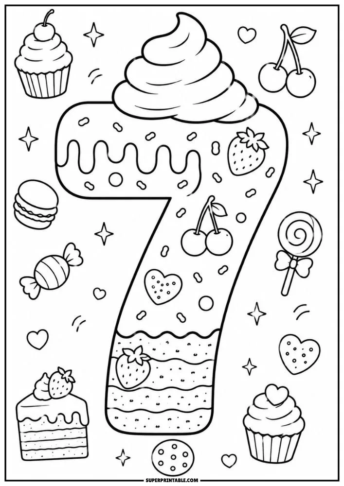 A coloring page showing a frosted number 7 surrounded by cupcakes, candy, macarons, cake slices, lollipops, hearts, and stars.