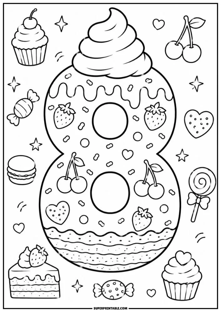A coloring page featuring a cake-style number 8 surrounded by cupcakes, candy, cherries, strawberries, macarons, and hearts.