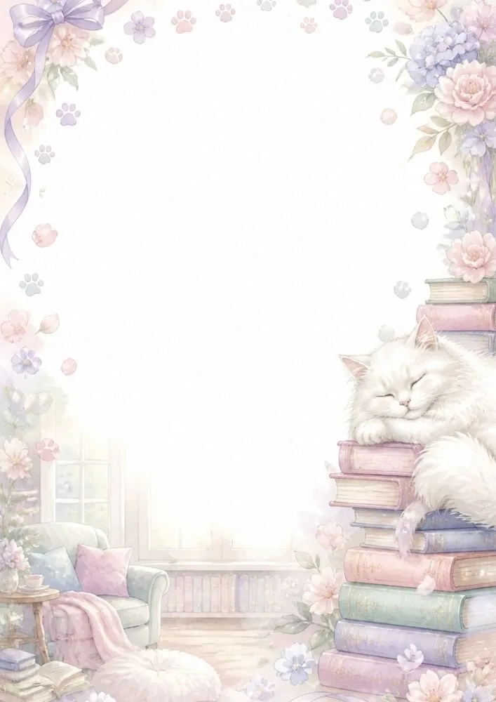 A pastel border page with a sleeping white cat on stacked books, flowers, ribbons, paw prints, a chair, and a window scene around a blank center.