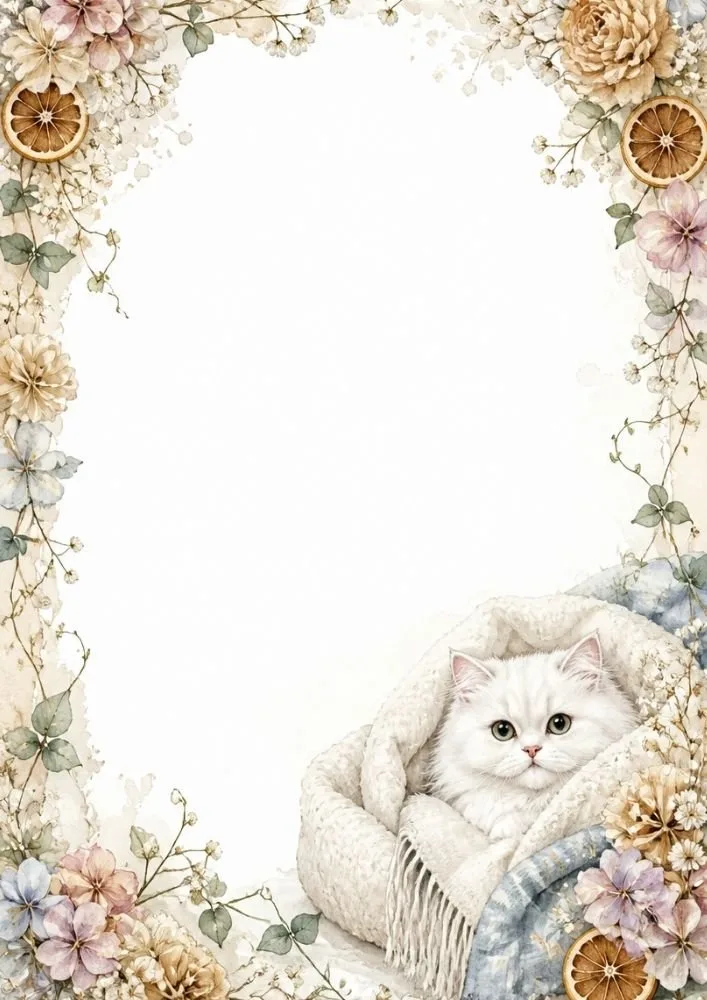 A white cat wrapped in a blanket with flowers, leaves, dried orange slices, and a large blank center.