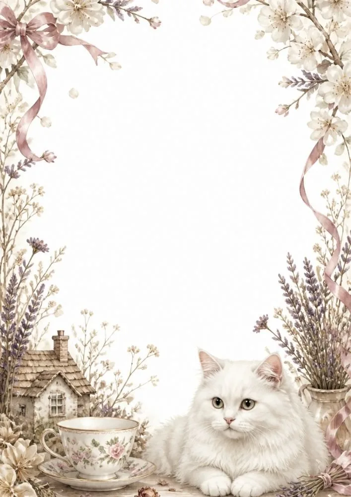 A white cat beside a floral teacup, small cottage, lavender flowers, ribbons, and a blank writing area.