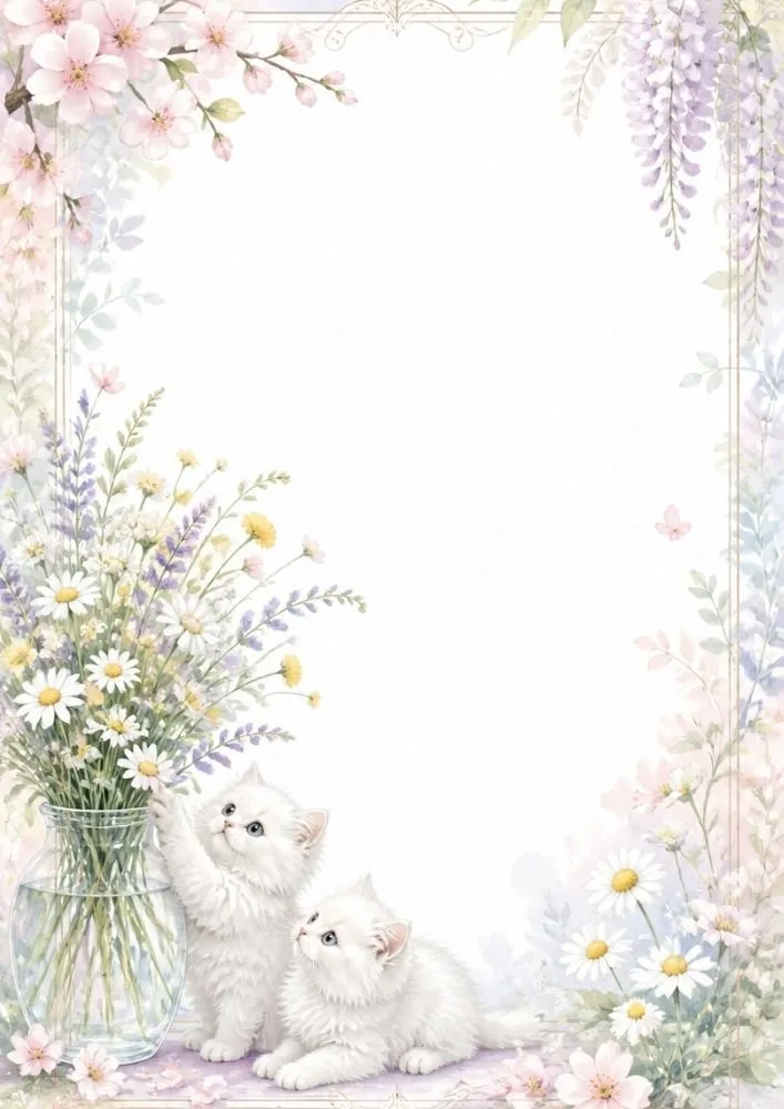 Two white kittens beside a glass vase of flowers, surrounded by daisies and pastel floral decorations around a blank center.