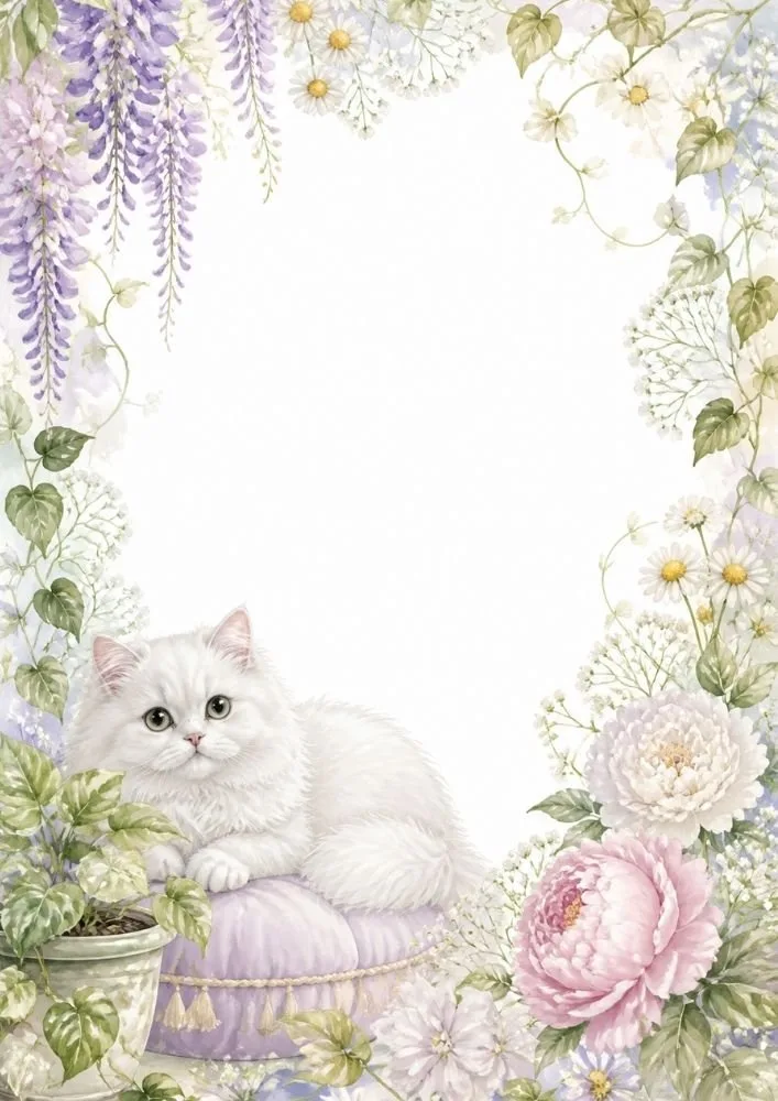 A white cat sitting on a cushion with peonies, vines, leaves, and flowers framing an open center space.