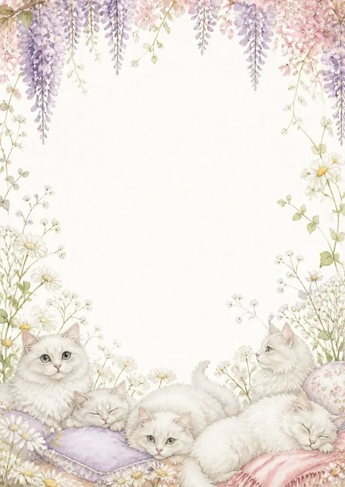 Four white cats lounging on pillows with daisies, hanging flowers, and a large blank center area.