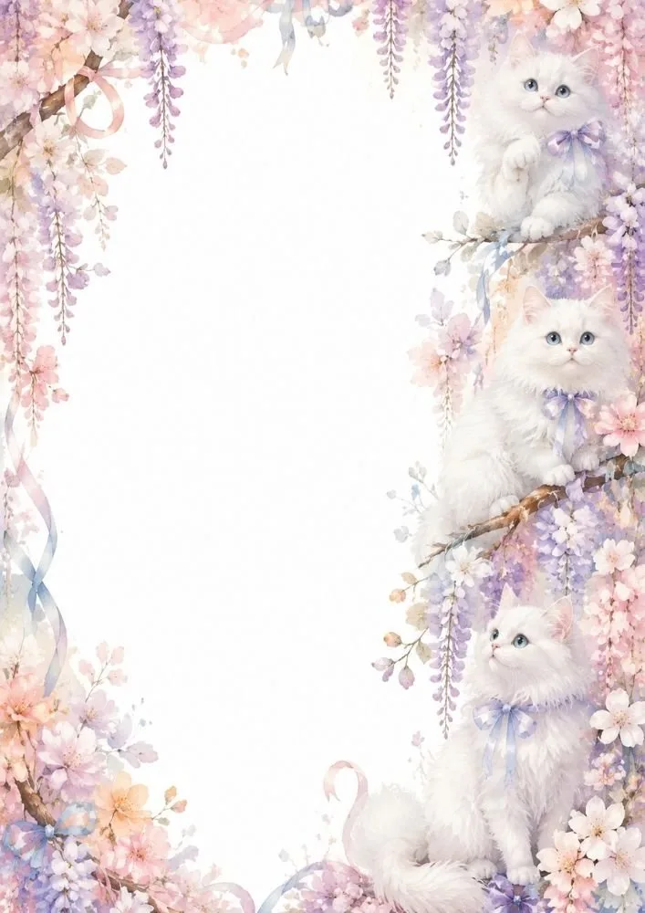Three white kittens on blossom-covered branches with ribbons, flowers, and a blank center framed by floral decorations.