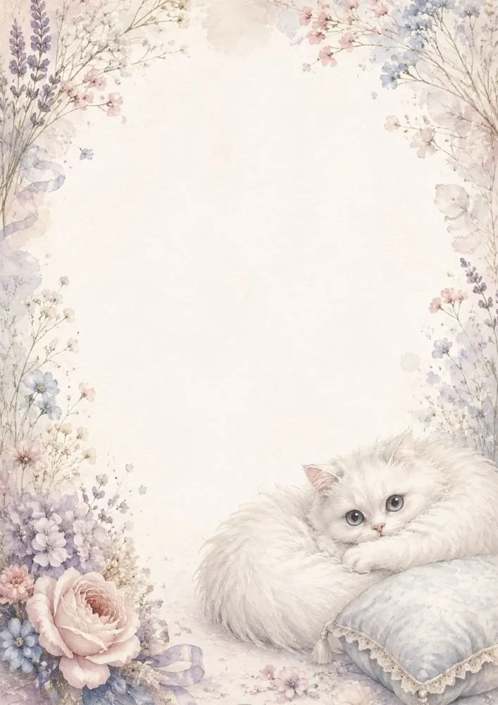 A white fluffy cat curled on a pillow with roses and pastel flowers forming a decorative border around a blank center.