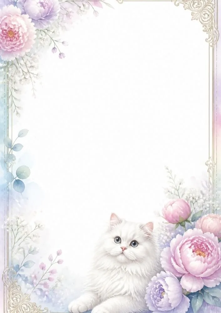 A fluffy white cat surrounded by pink and purple peonies with decorative frame corners and a large blank area in the middle.