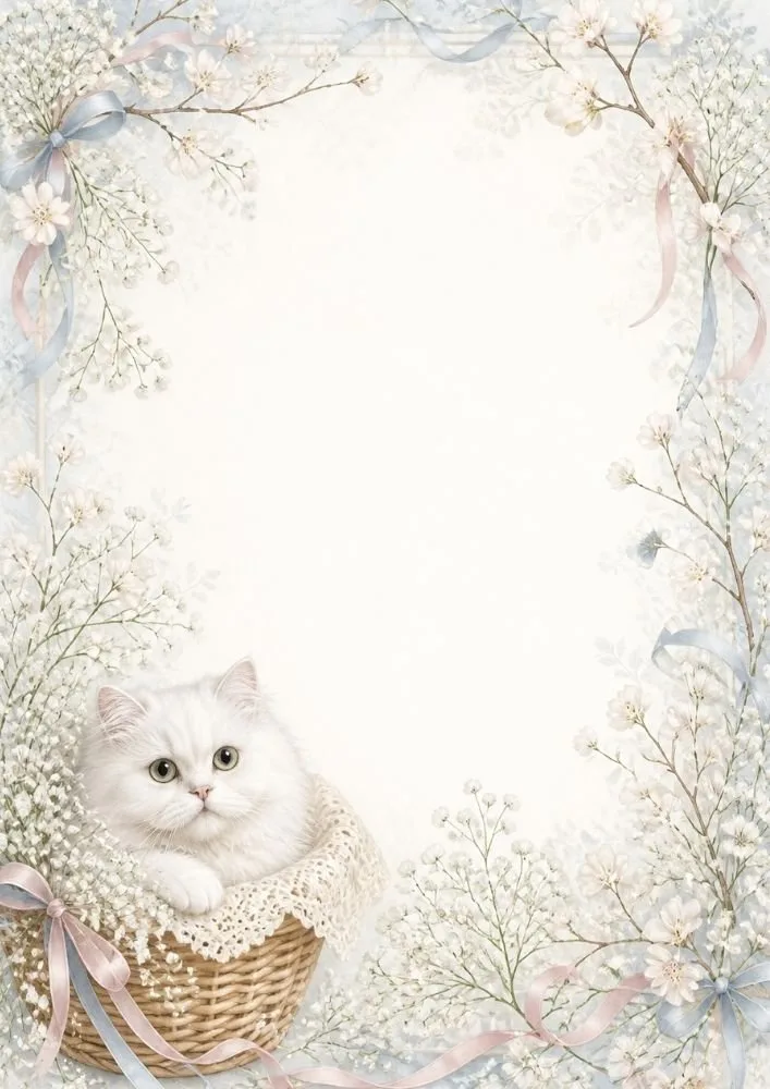 A white cat sitting in a basket with lace trim, surrounded by baby's breath flowers, ribbons, and a blank center area.