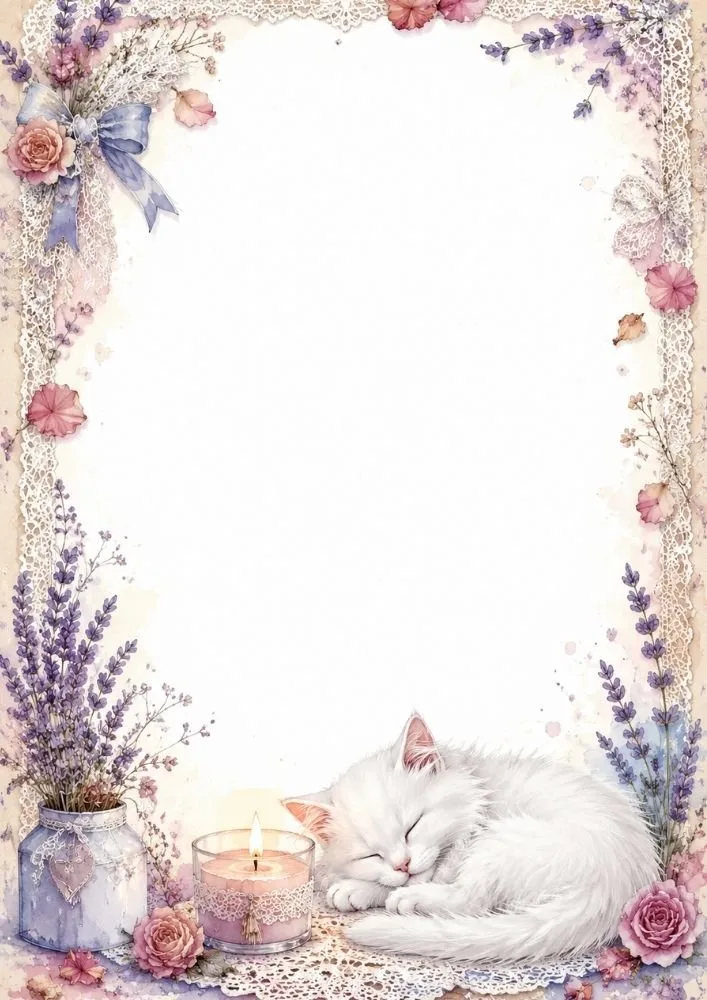 A sleeping white cat near a candle, lavender bouquets, roses, and lace borders framing a large blank center.