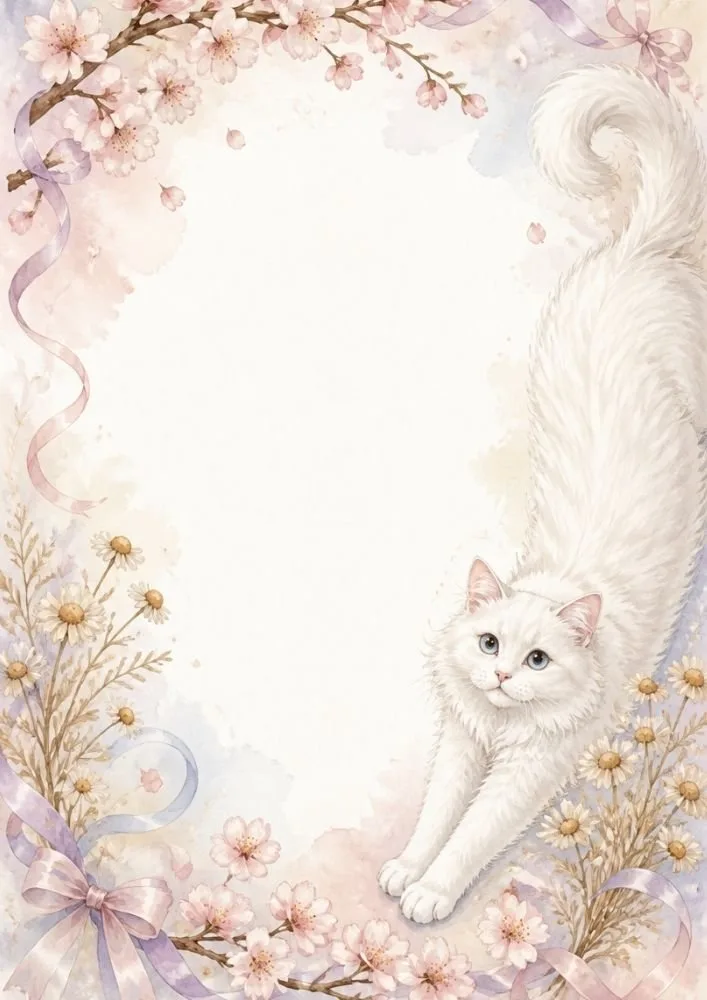 A stretching white cat surrounded by cherry blossoms, daisies, ribbons, and soft floral decorations around an open center.