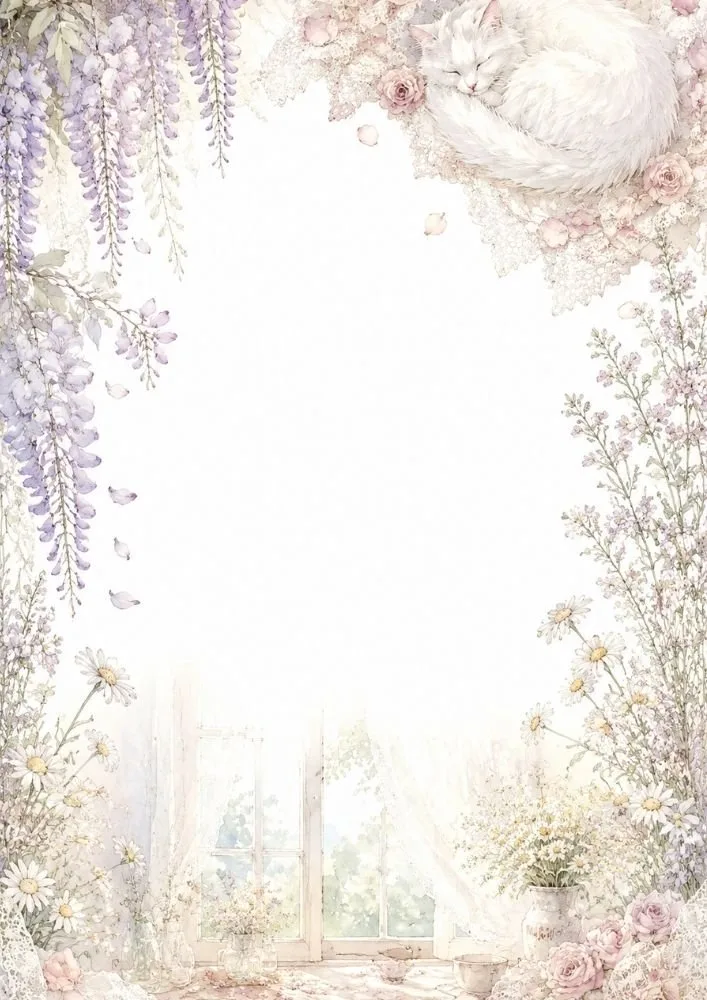 A sleeping white cat near a window with hanging flowers, daisies, roses, and a large blank space in the center.