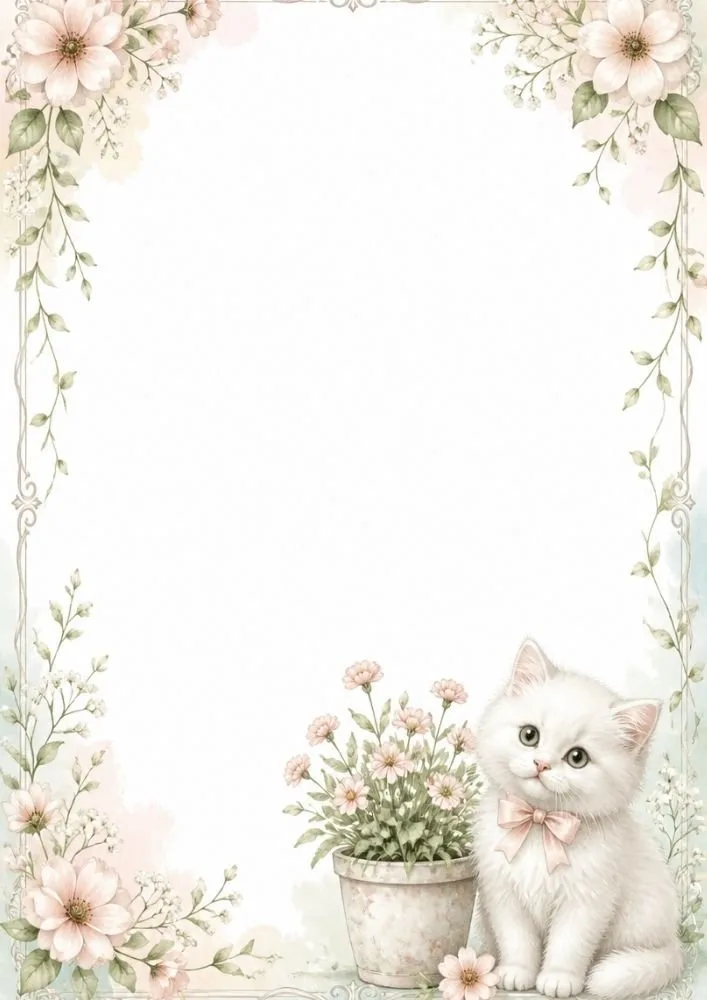 A white kitten with a bow beside a flower pot, surrounded by flowers and decorative borders with a blank center.