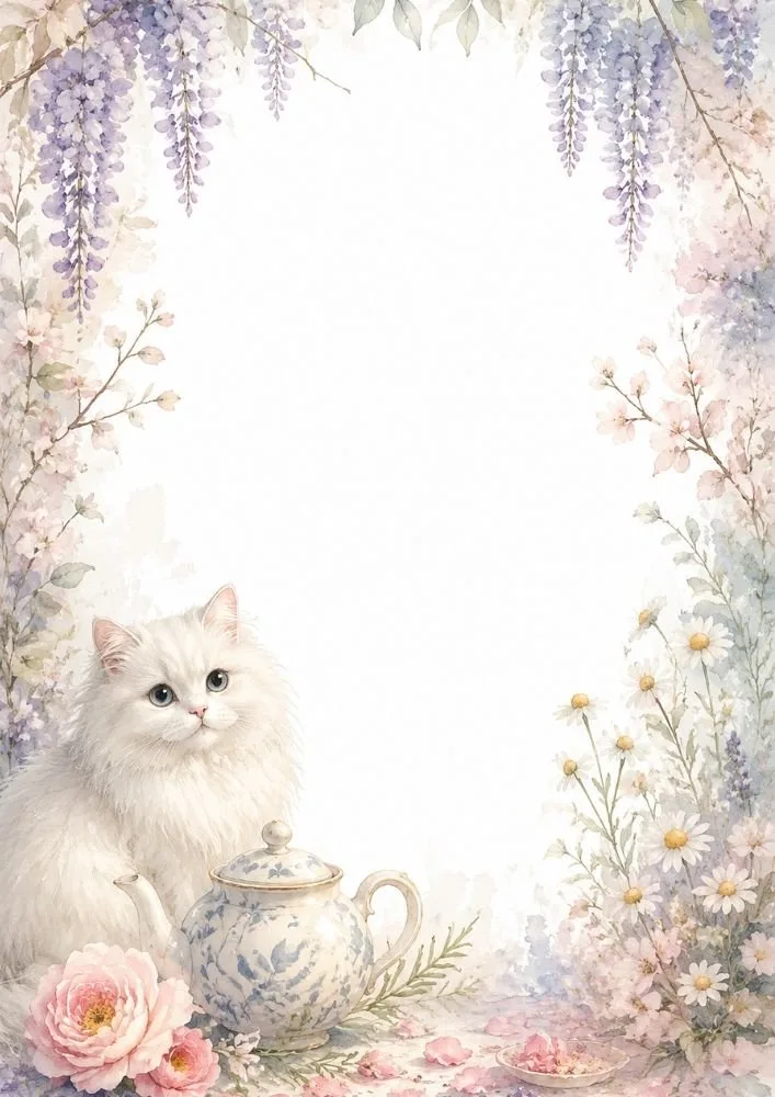 A white cat next to a floral teapot, roses, daisies, and hanging flowers framing an empty center area.