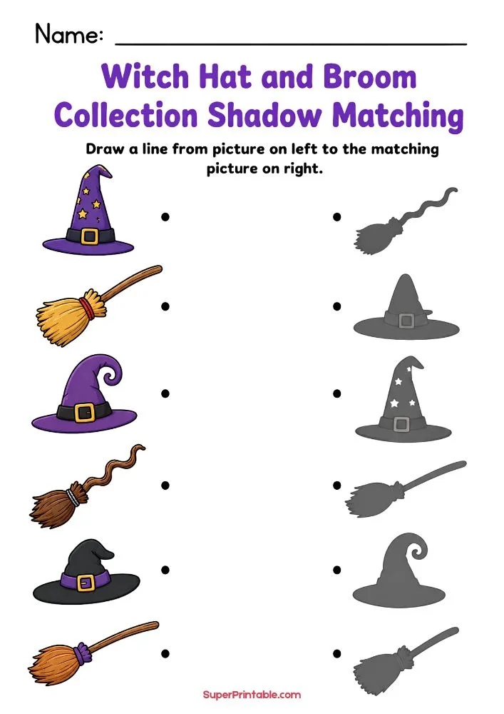 Halloween shadow matching worksheet with witch hats and brooms on the left and matching silhouettes on the right.