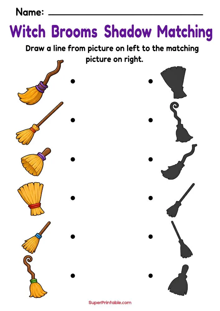 Shadow matching worksheet featuring different witch broom designs and their corresponding silhouettes.