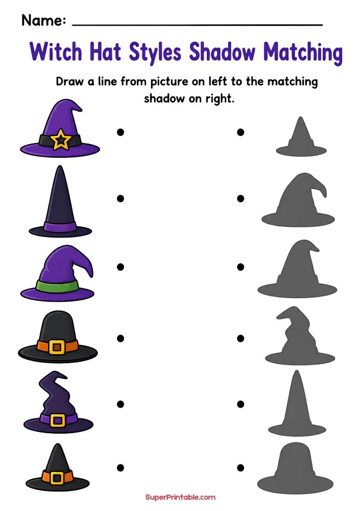Halloween shadow matching activity with various witch hat styles paired with matching shadow outlines.