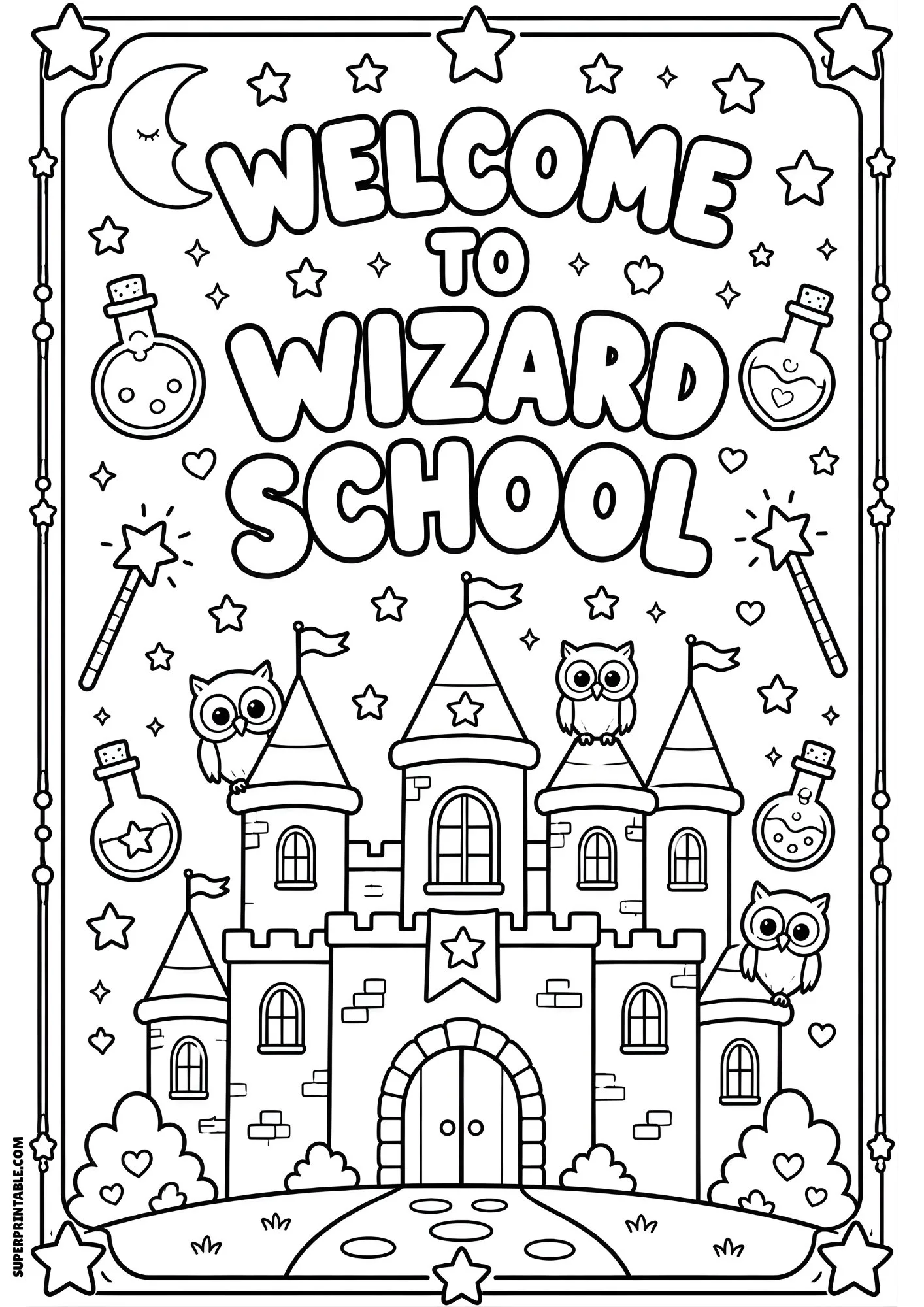 Wizard school castle with owls, potion bottles, stars, and magic wands.