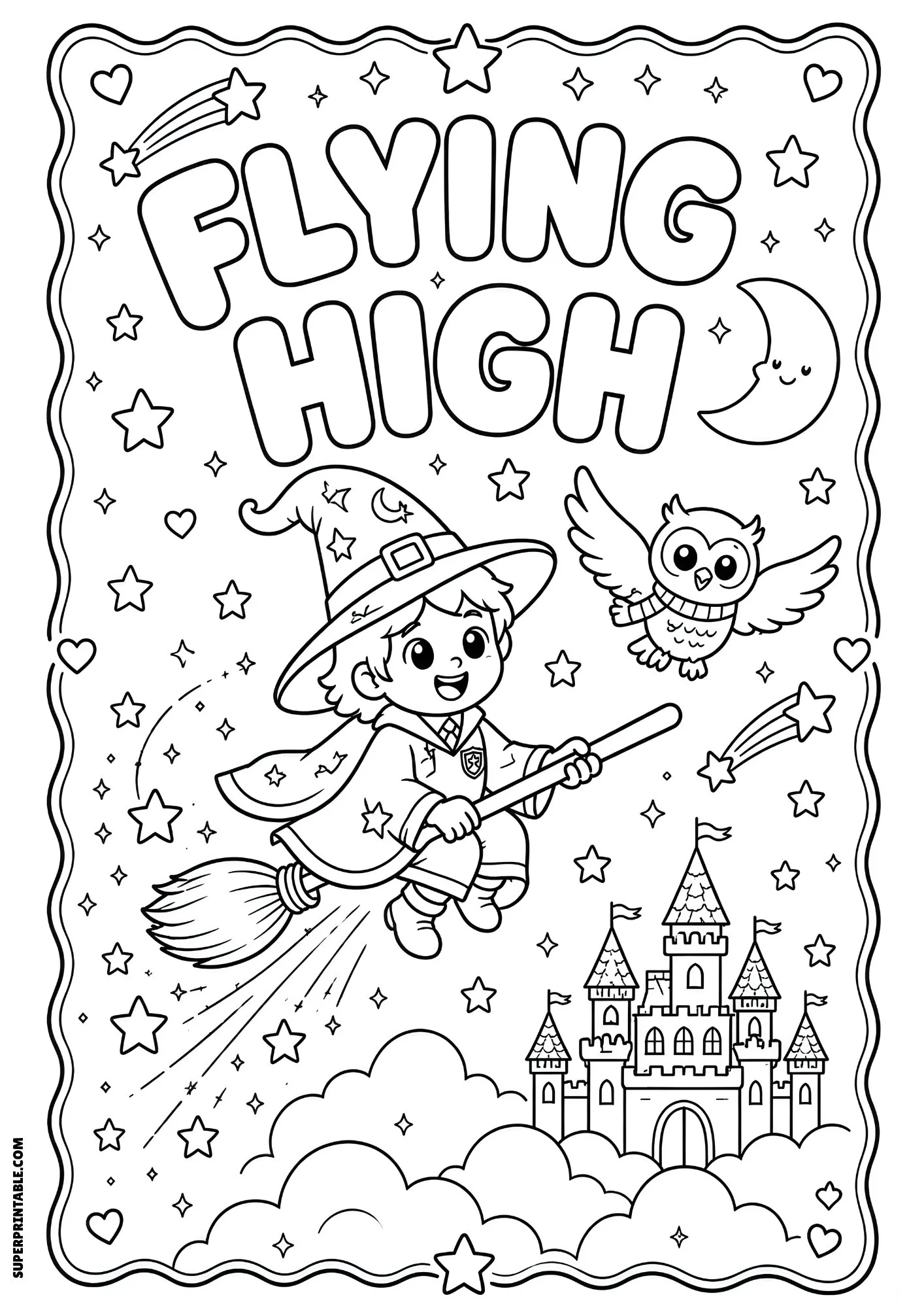 Flying wizard on broomstick above castle and clouds.