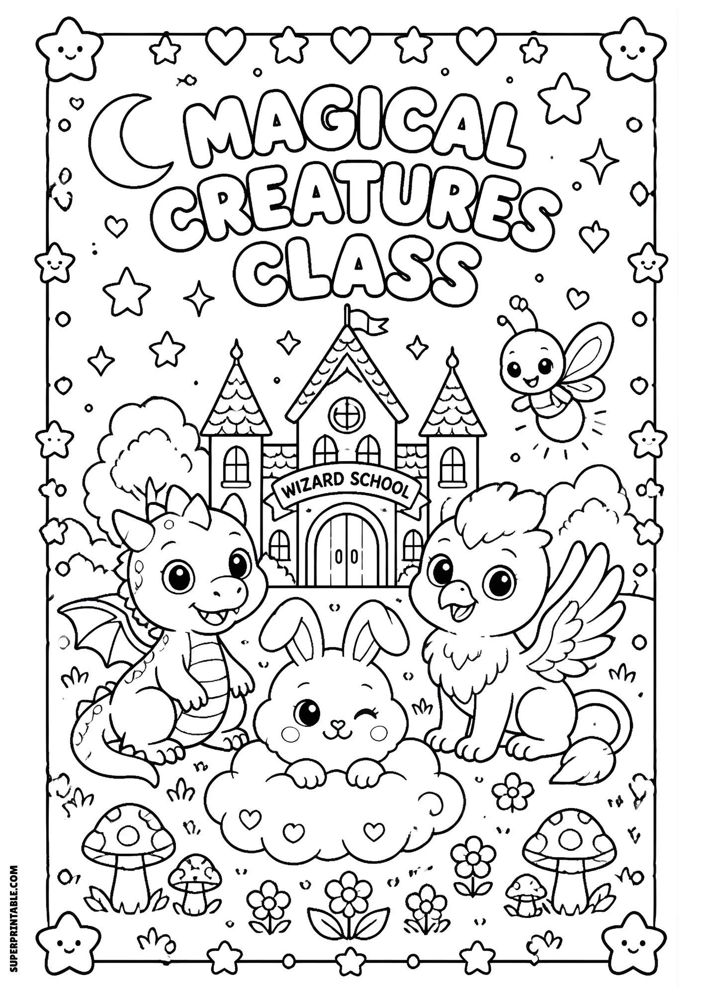 Magical creatures gathered in front of wizard school.
