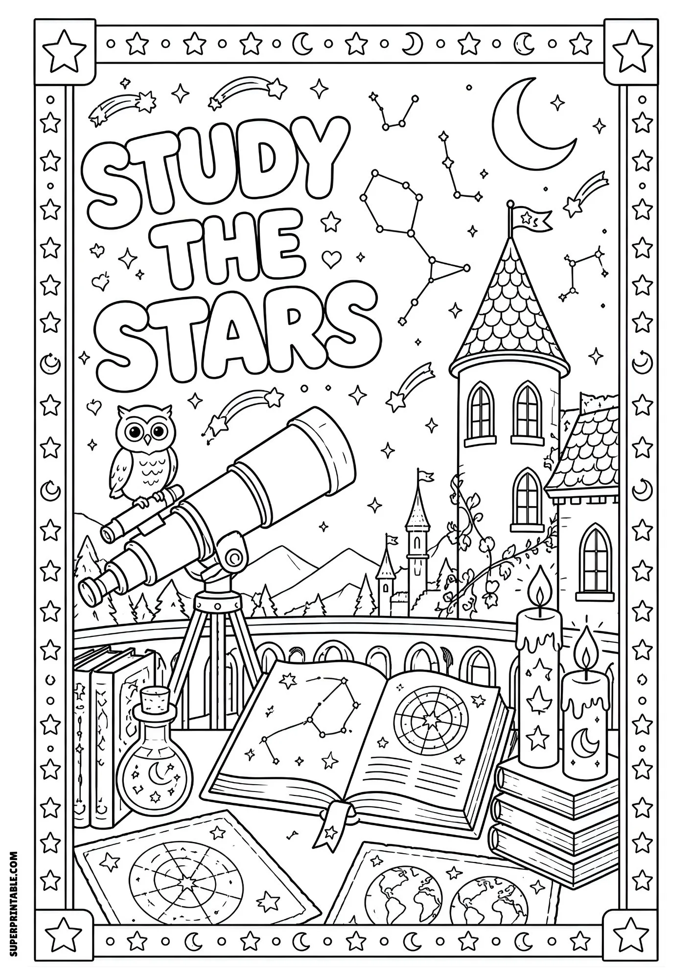 Telescope and astronomy books with constellations at wizard school.