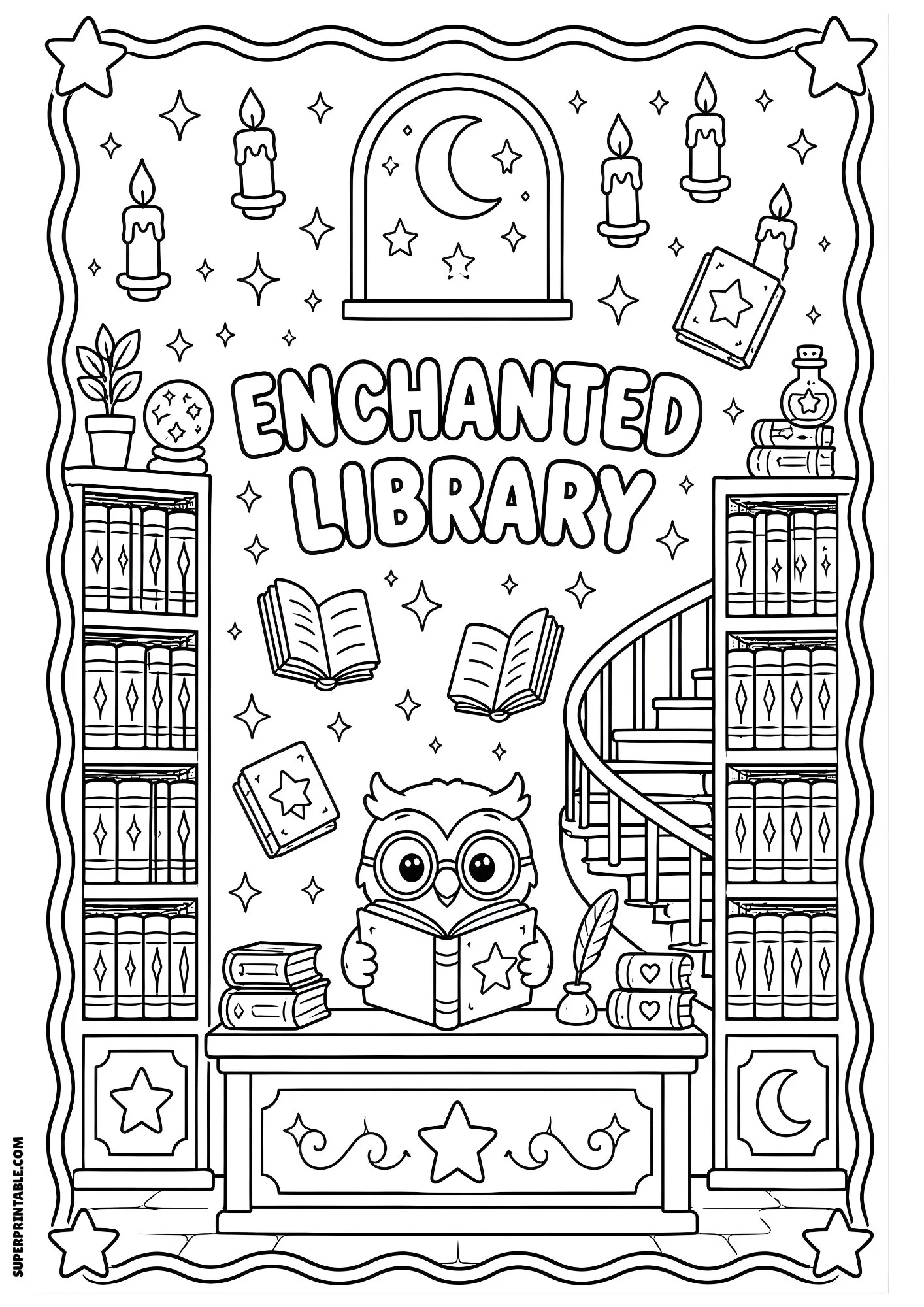 Owl reading in enchanted library with floating books.