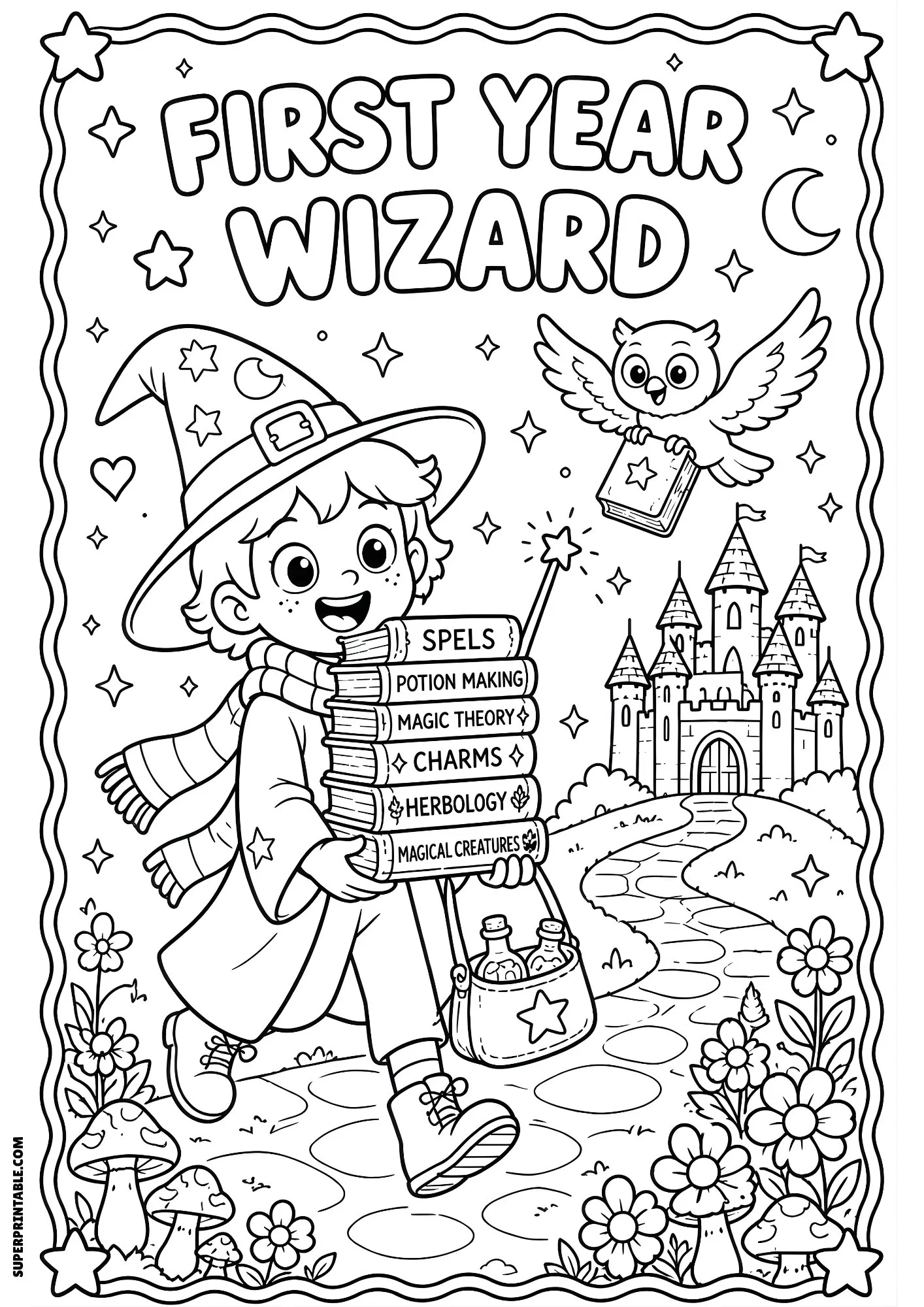 First year wizard carrying books toward magical castle.