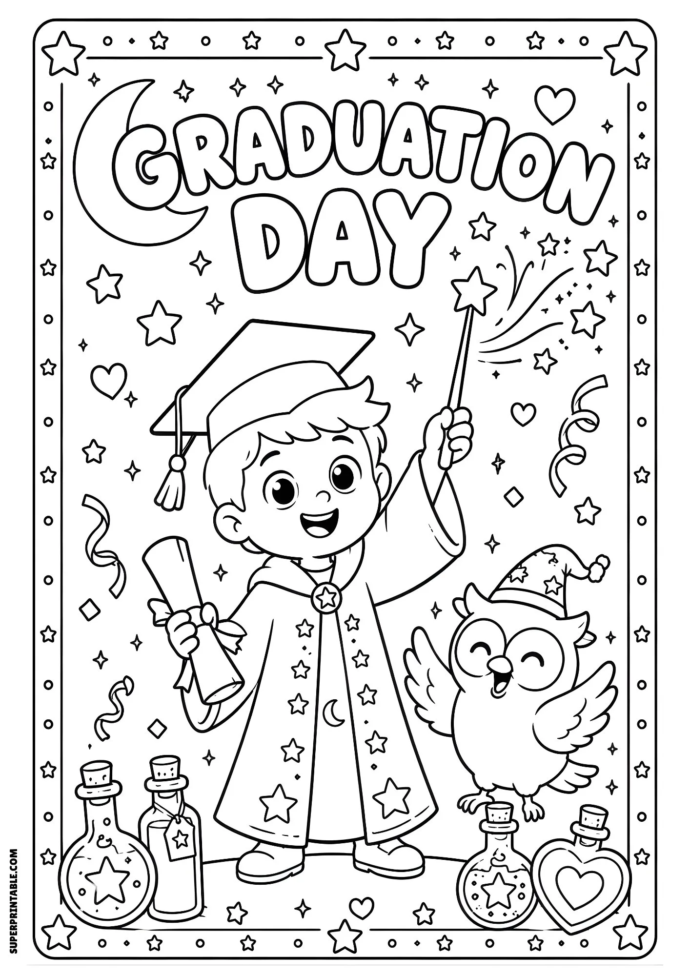 Wizard graduation celebration with diploma, wand, and owl.