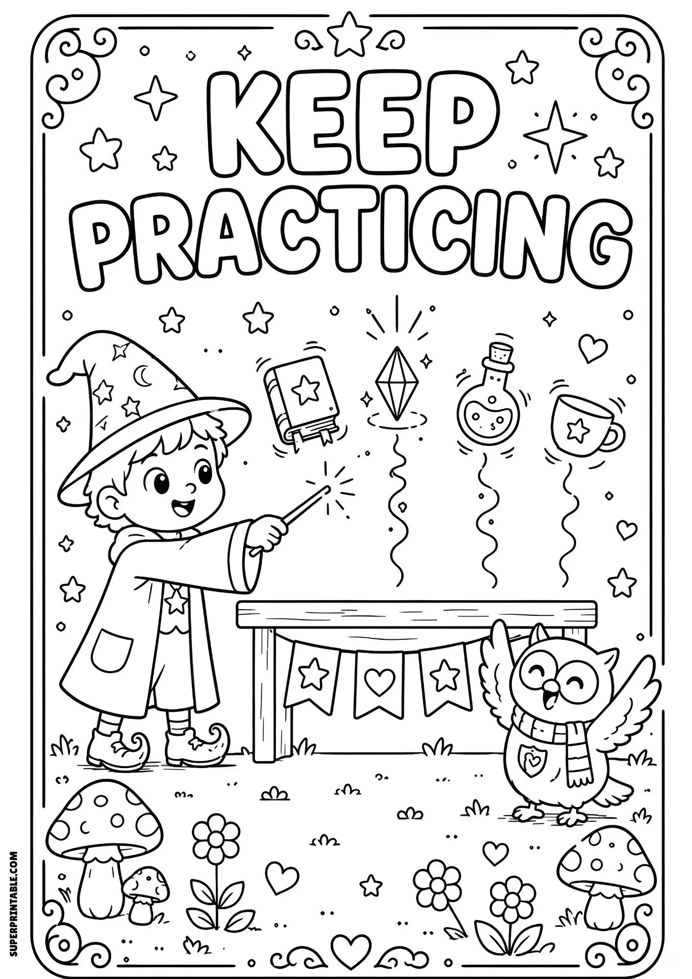 Wizard practicing levitation magic with floating objects.