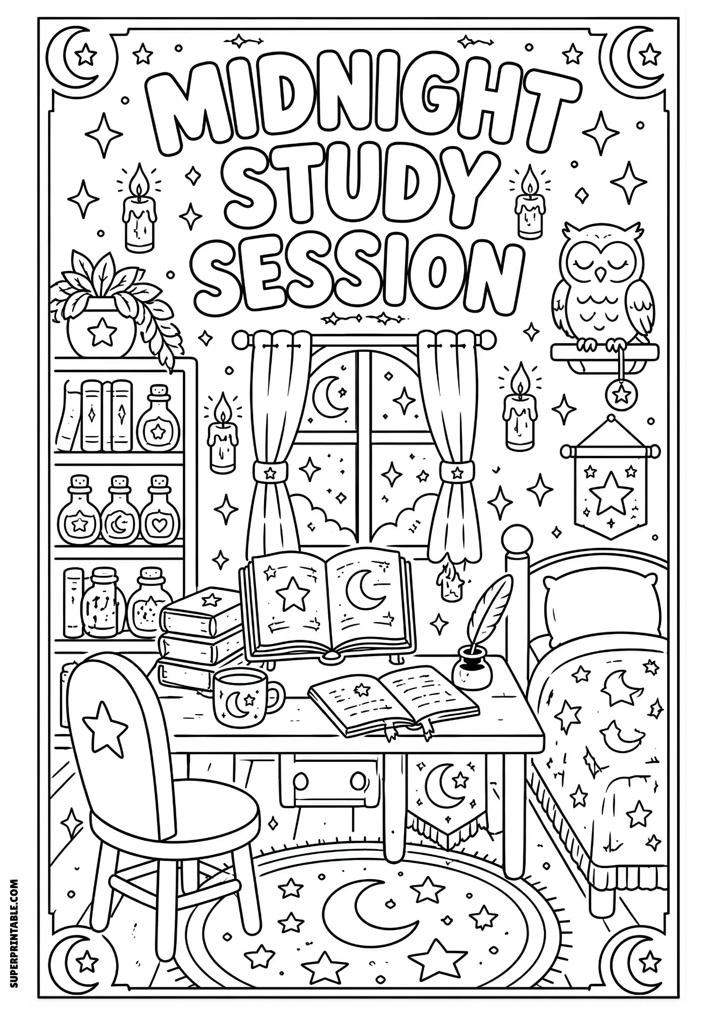 Magical study room with books, candles, and moonlit window.