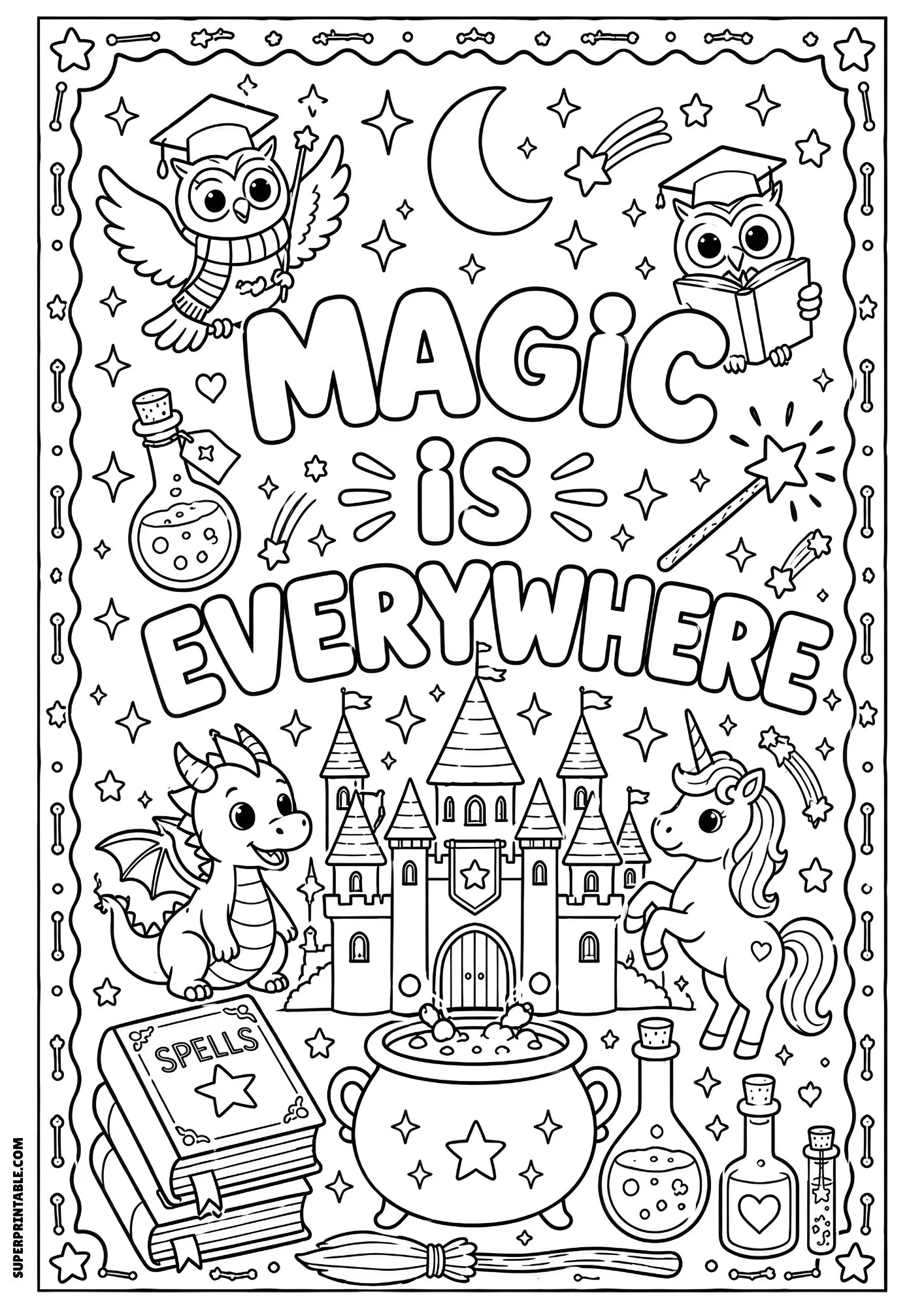 Fantasy castle with dragon, unicorn, potions, and magic symbols.