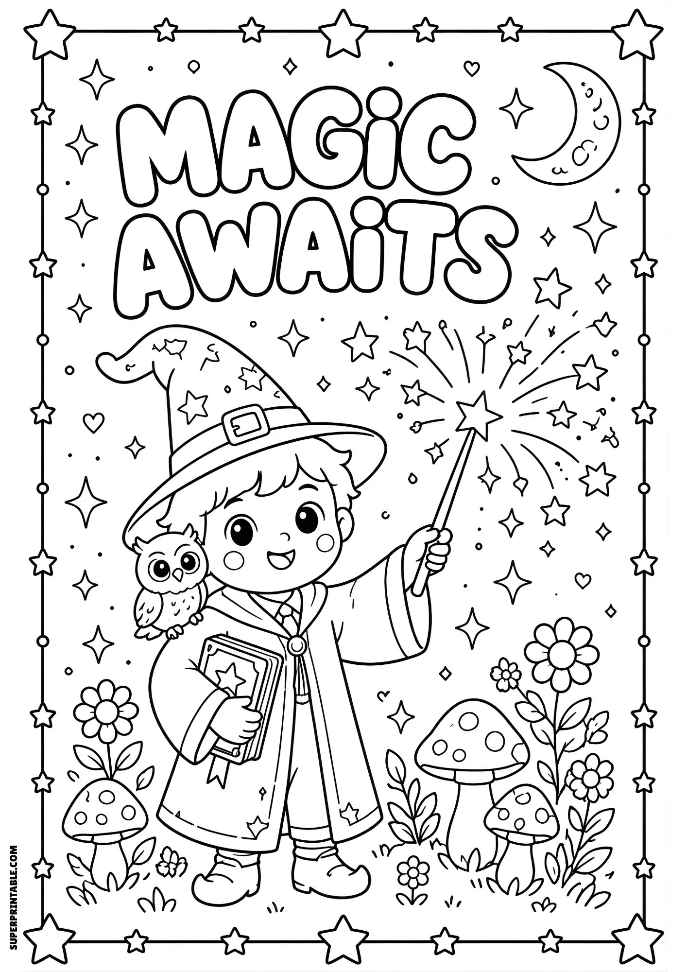 Young wizard with wand and owl surrounded by magical stars and flowers.