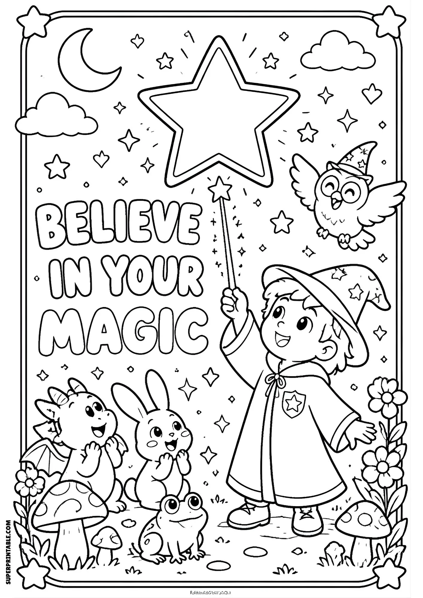 Young wizard reaching for star with magical creatures watching.