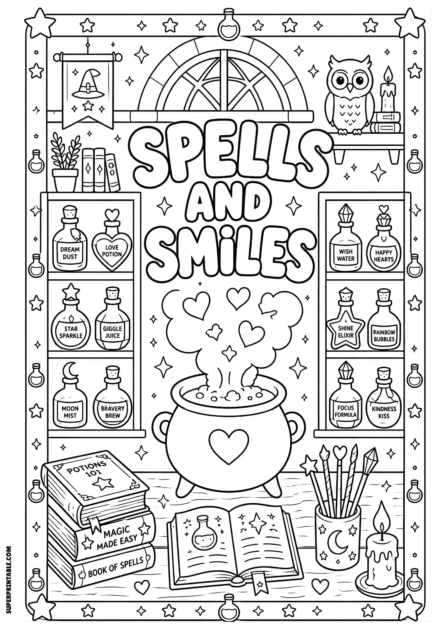 Potion room with bubbling cauldron, spell books, magical bottles, and owl.