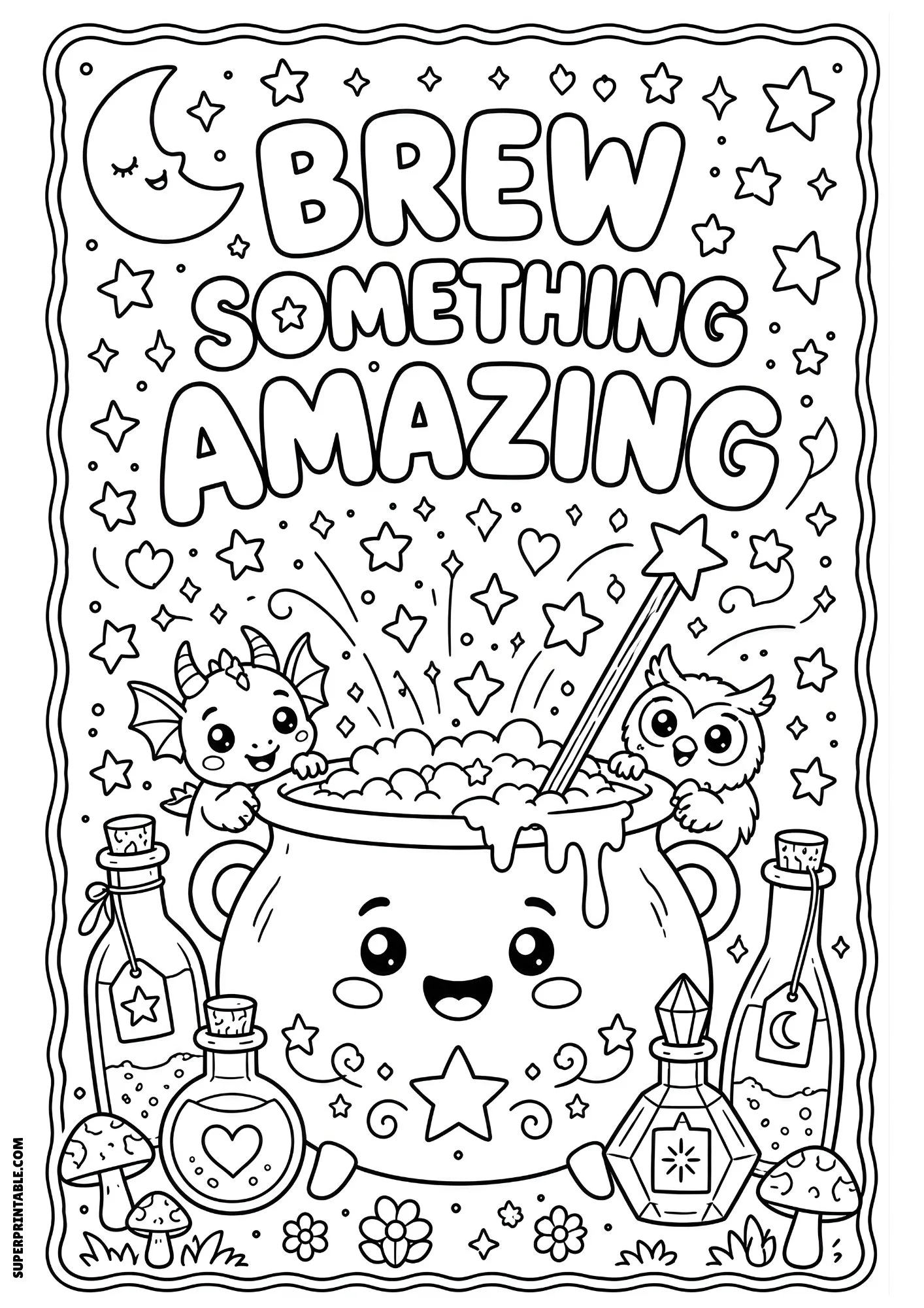 Smiling cauldron with dragon, owl, potions, and magical sparkles.